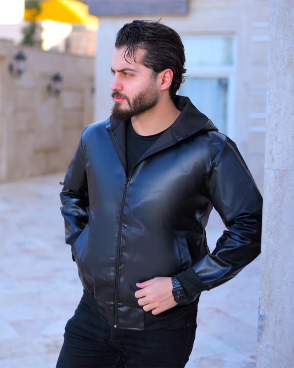 کاپشن چرم مردانه کلاه‌دار مدل ویناس